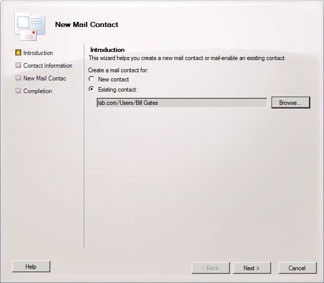 Create a new contact or mail-enable an existing contact in Exchange 2010.